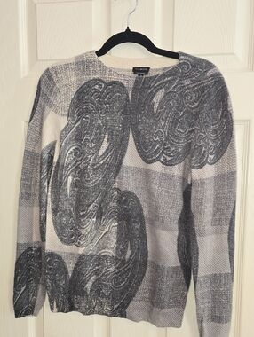 Talbots Gray & Cream Paisley-Block Cashmere Crewneck Sweater